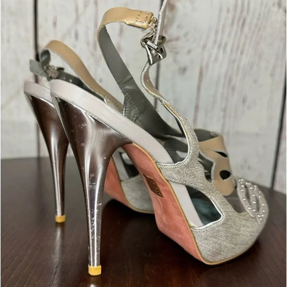 KG KURT GEIGER DENIM, Calf, PATENT Leather Laser Cut Studded heeled Sandals 37 - Picture 7 of 16
